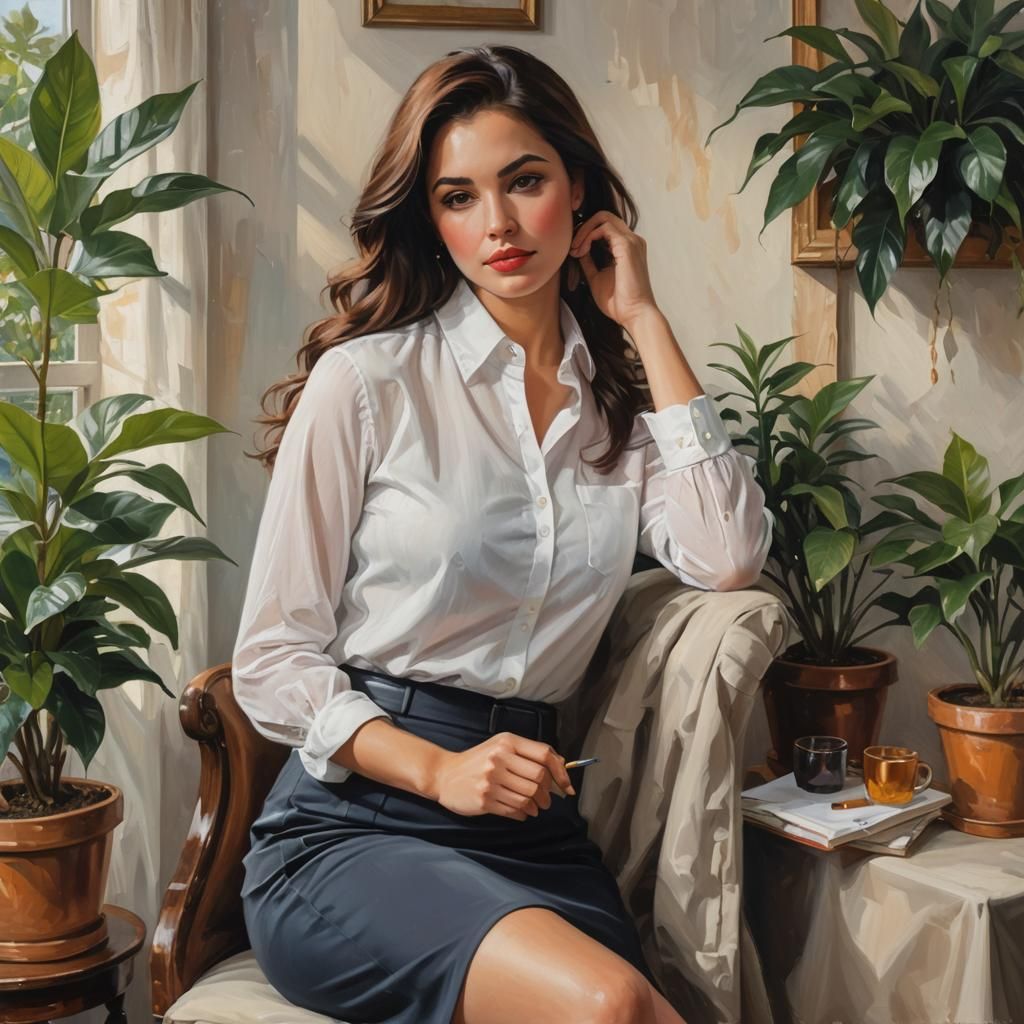Sensual Oil Painting of Relaxed Brunette Woman in Cozy Garde...