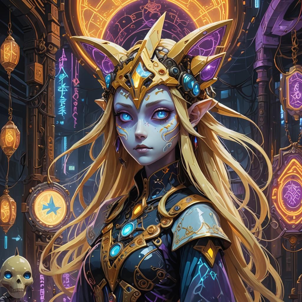 Eldritch Porcelain Princess Jirachi in Cyberpunk Realm