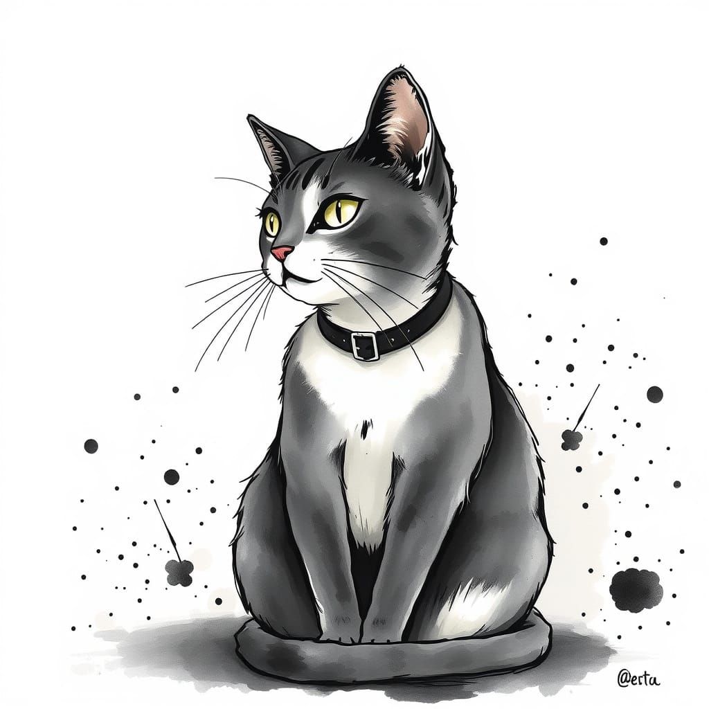 Surreal Cat in Whimsical Ink Splatter