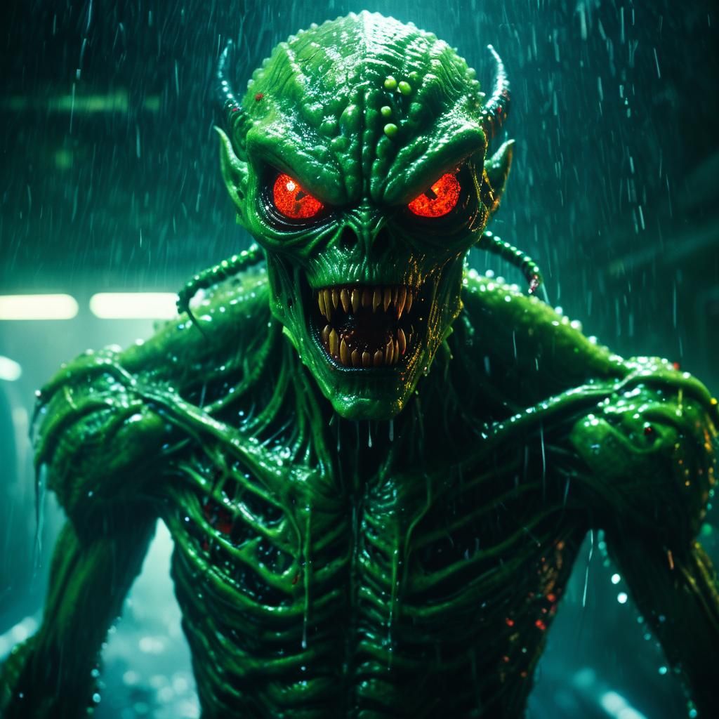 Furious Green Alien in Spaceship: Cinematic Film Still