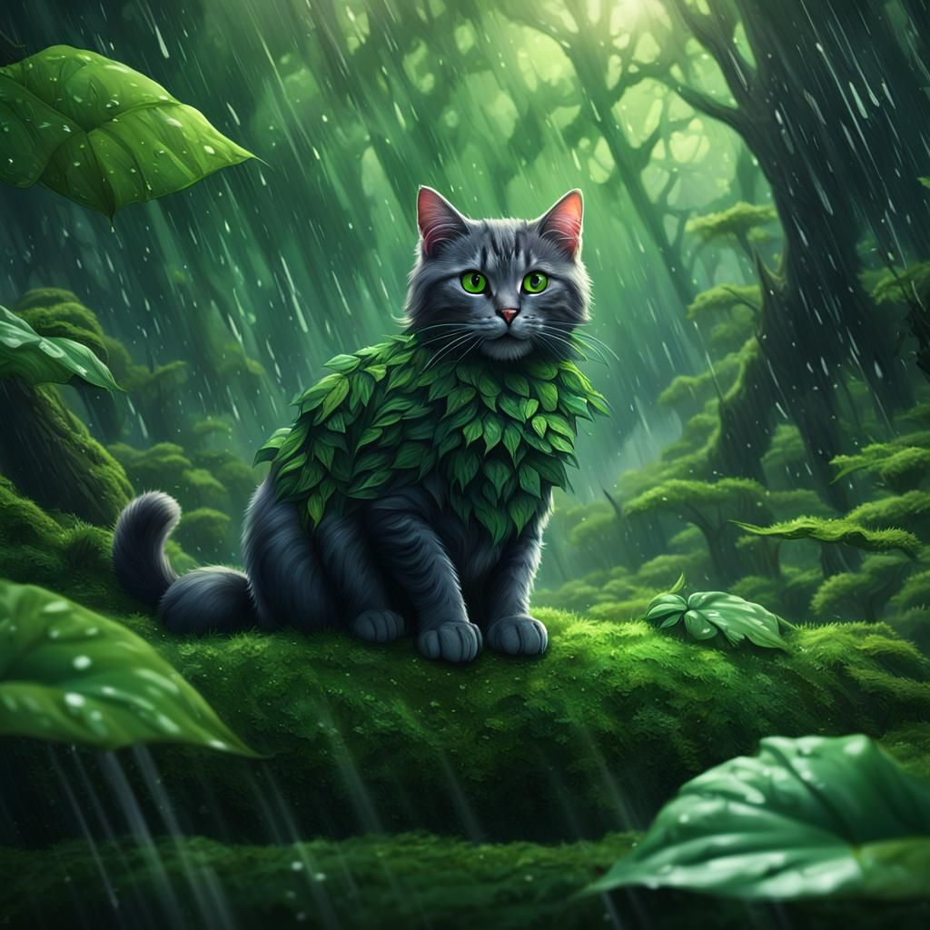 Cat Seeks Shelter from Rain in Forest