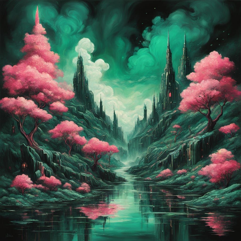 Surreal Abstract Painting of Green and Pink Elements