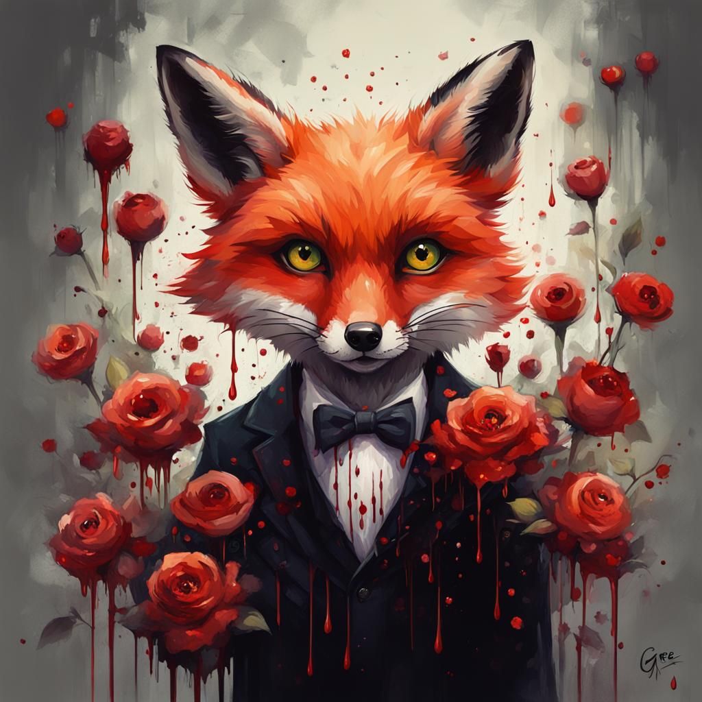 Sinister Fox with Bloody Flowers: A Dark Fantasy Portrait
