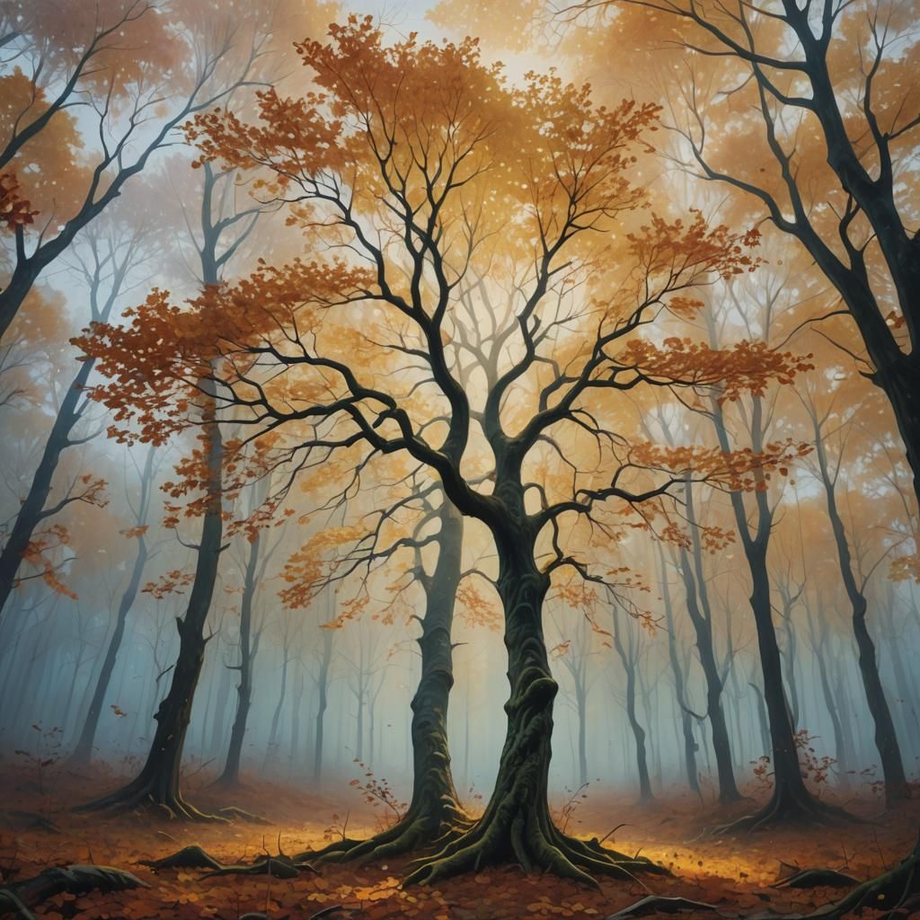 Solitary Tree in Dreamlike Autumn Forest Oil Painting