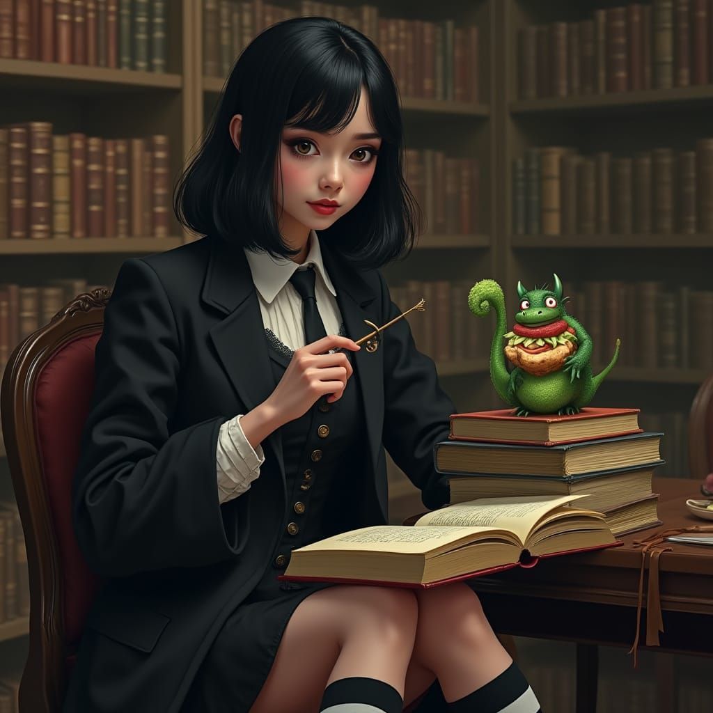 Library Scene with Dragon, Hyperrealistic Digital Art