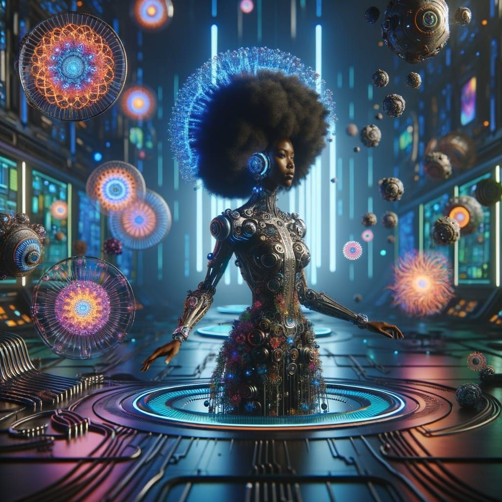 Afro-Cybernetic Woman in High-Tech Environment