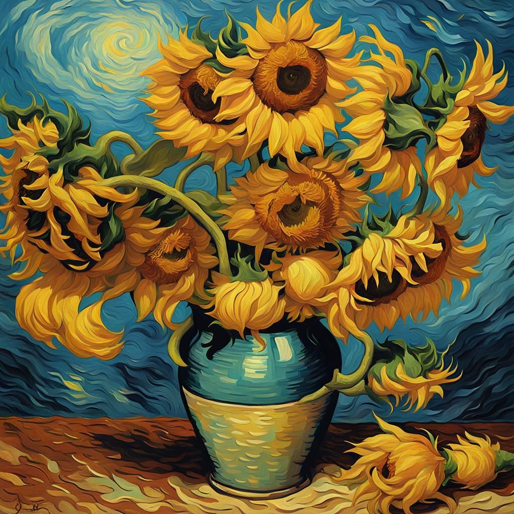 Cat Among Sunflowers in Van Gogh Style