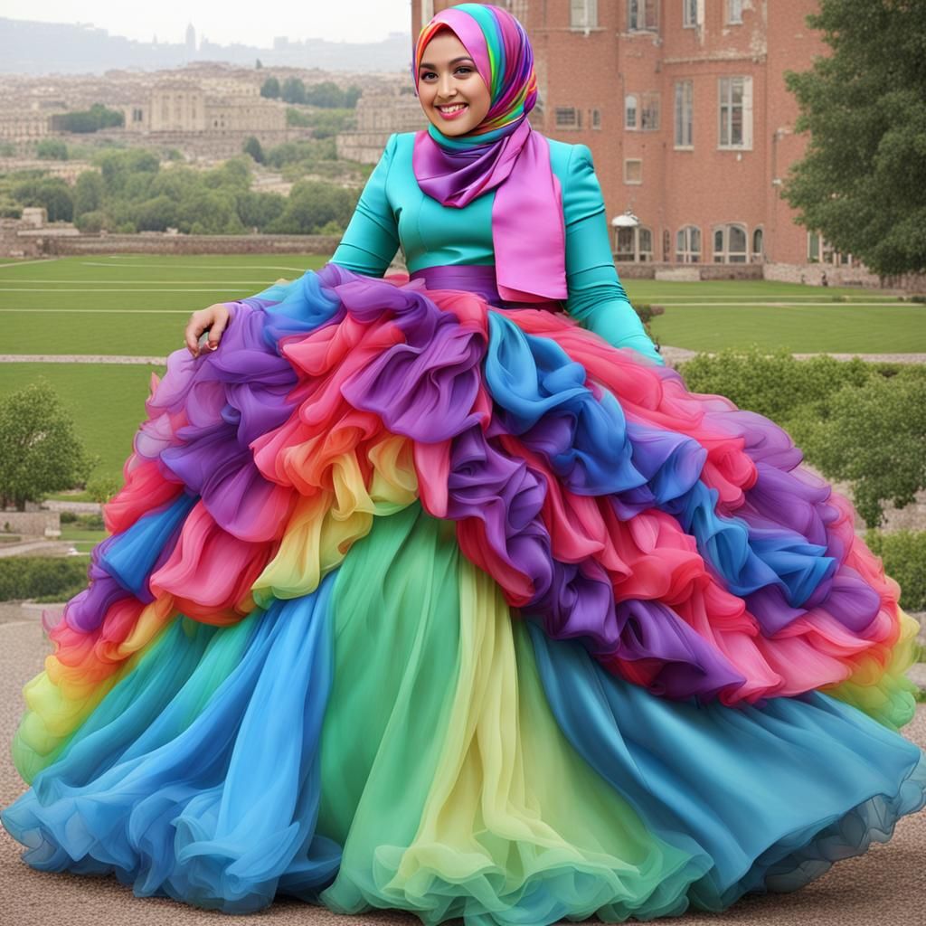 Rainbow Chiffon Hijab and Satin Dress Fashion