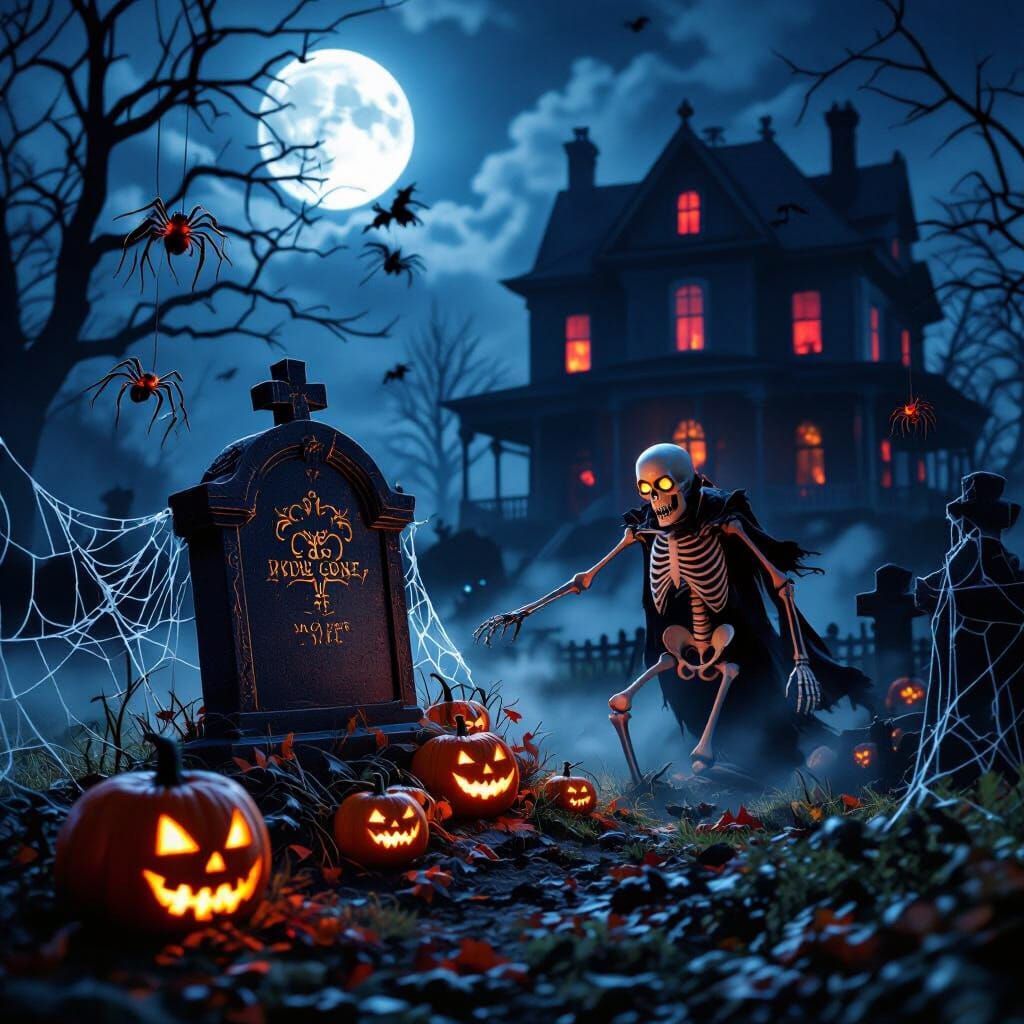 Halloween Scene: Skeleton Escapes Grave Under Full Moon