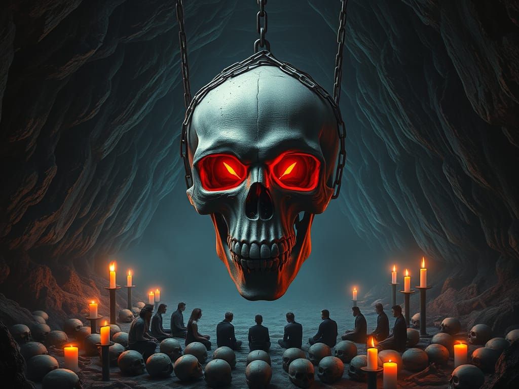 Chained Skull in Cavern with Glowing Eyes