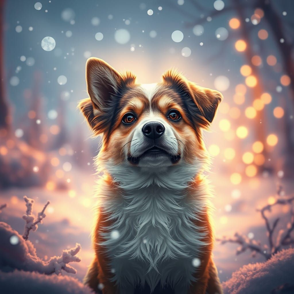 Whimsical Winter Wonderland with Adorable Dog and Glowing Au...