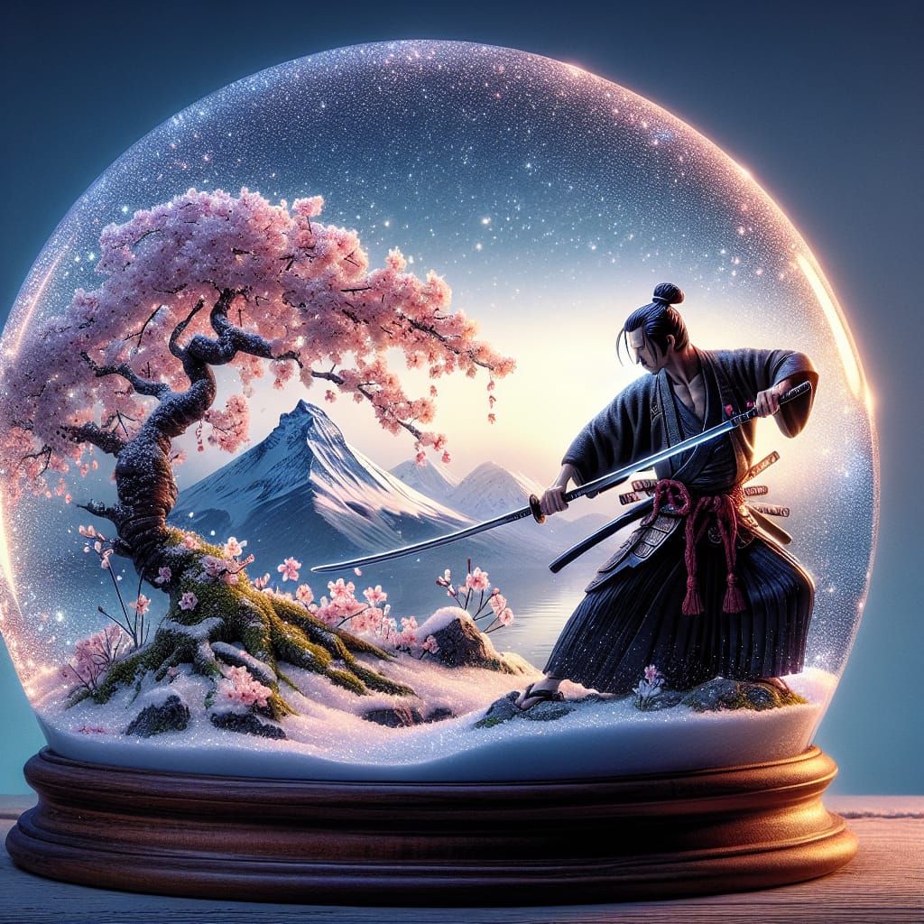 Samurai Sword Practice in Shimmering Snow Globe