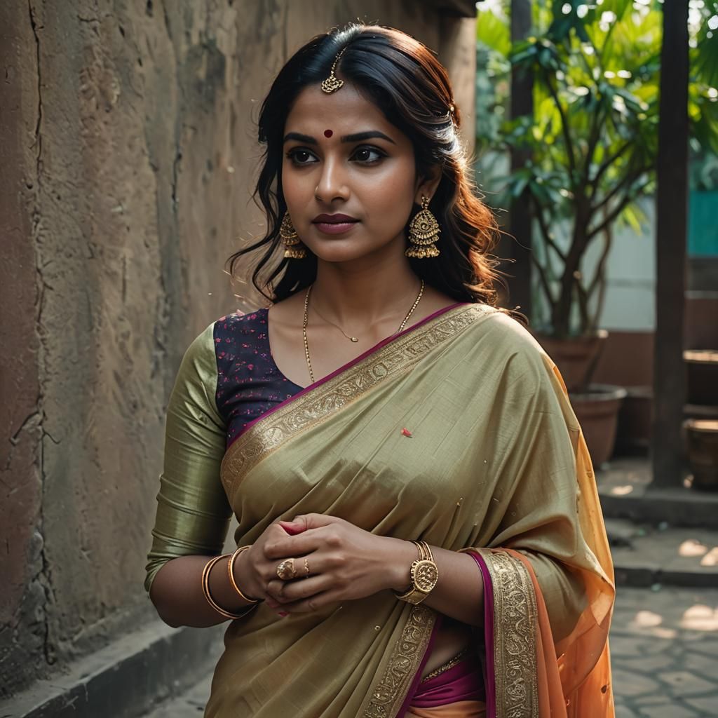 Indian Woman in Saree Flirting: Cinematic Film Still