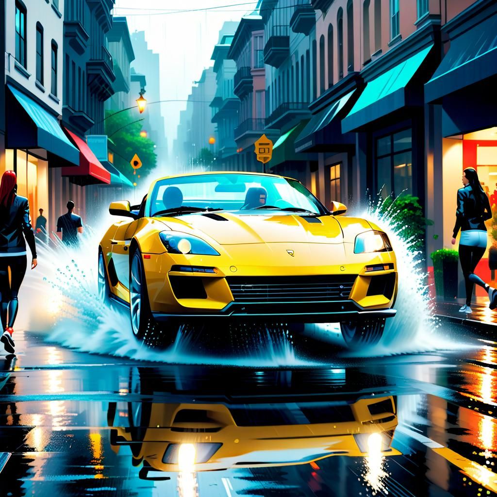 Vehicle intentionally soaking people in torrential rain