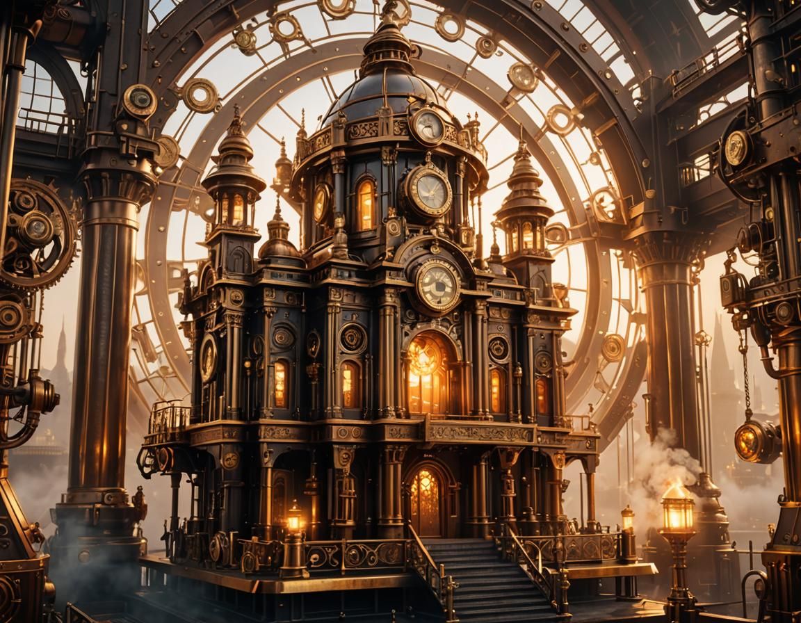 Intricate Steampunk Temple with Mystical Aura