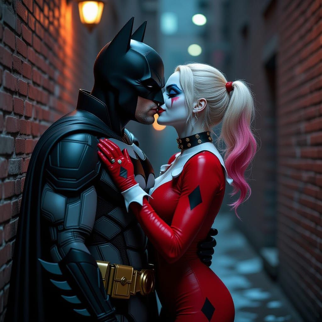 Batman and Harley Quinn Kiss in Gotham Alley
