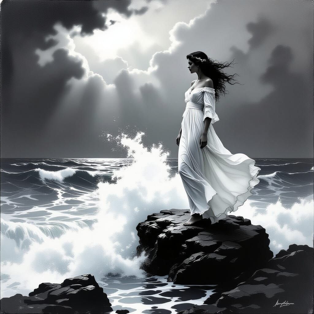 Woman on Rock in Storm, Charcoal Art Style