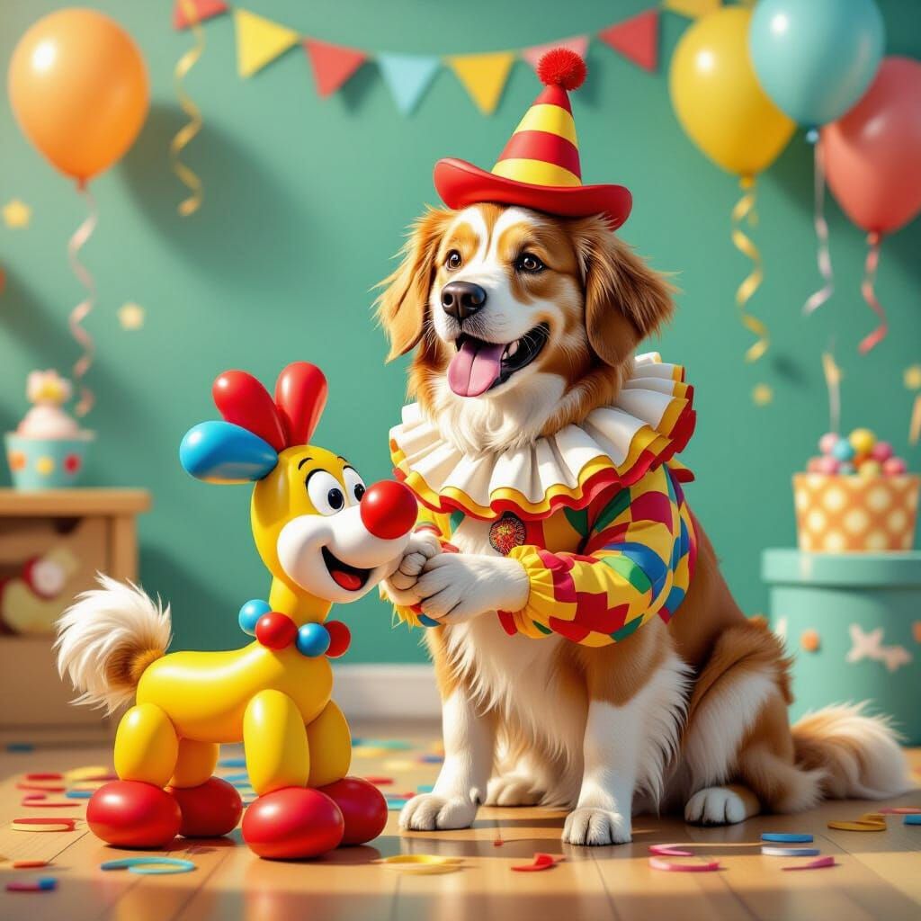 Golden Retriever Clown Makes Balloon Animals at Party