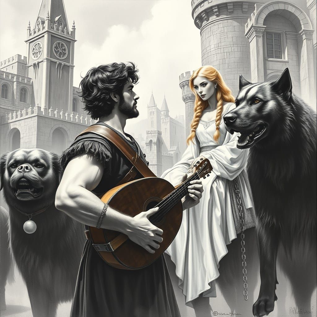 Medieval Minstrel and Princess with Giant Dogs
