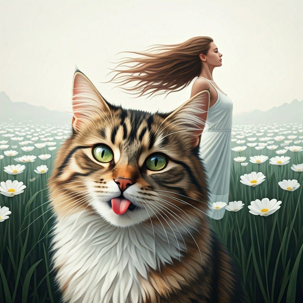 Funny Cat with Yoga Woman in Impressionist Watercolour