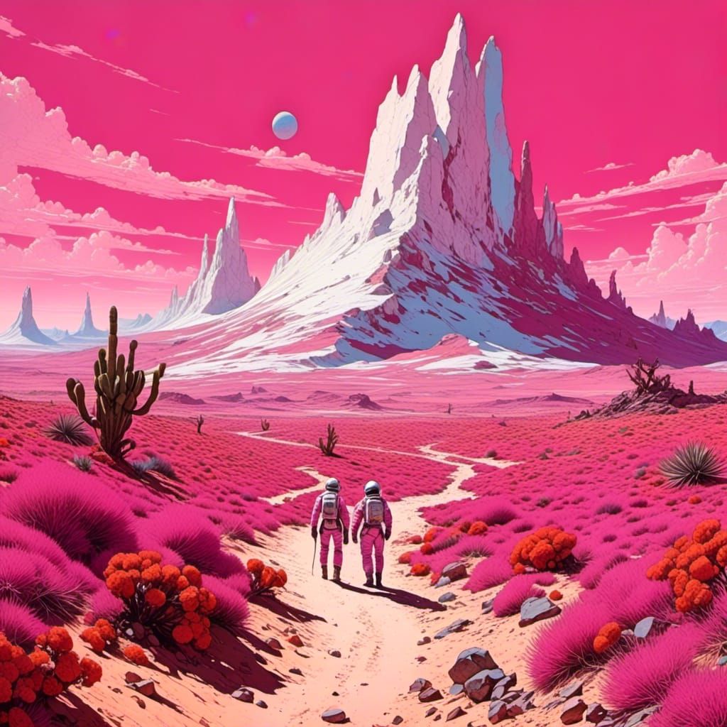Minimalist Magenta Desert Scene with Pink Astronauts