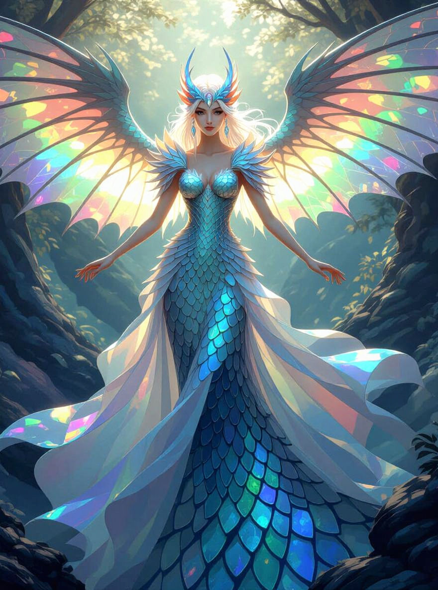 Dragon Girl with Opalescent Scales and Wings