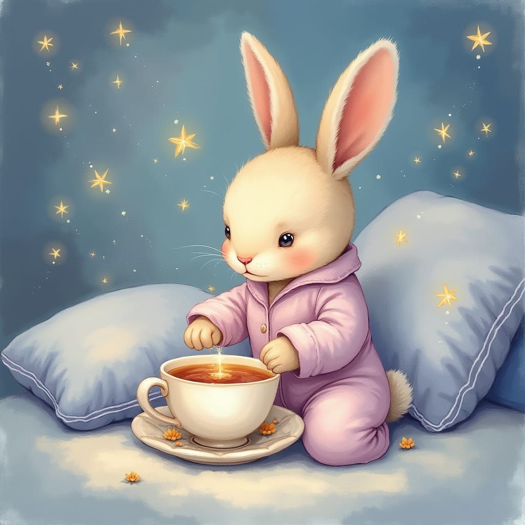 Soothing Bunny in Pastel Pajamas Brews Whimsical Potion