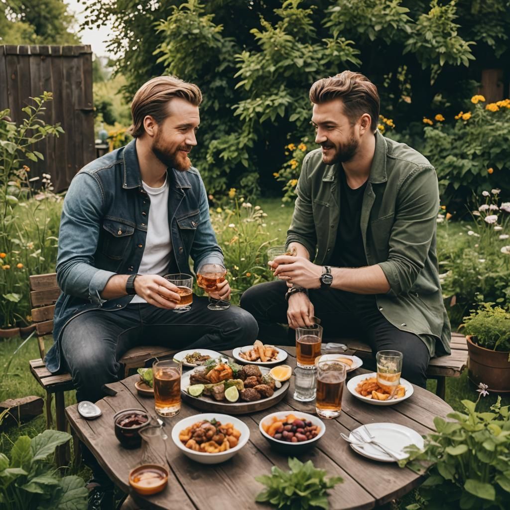Friends Sharing Whiskey and Food in Garden