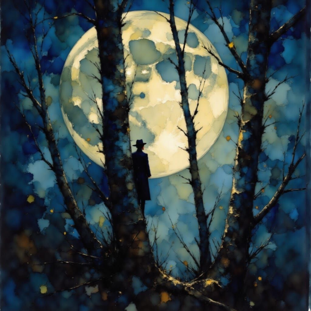 Full Moon Through Birch Trees at Midnight
