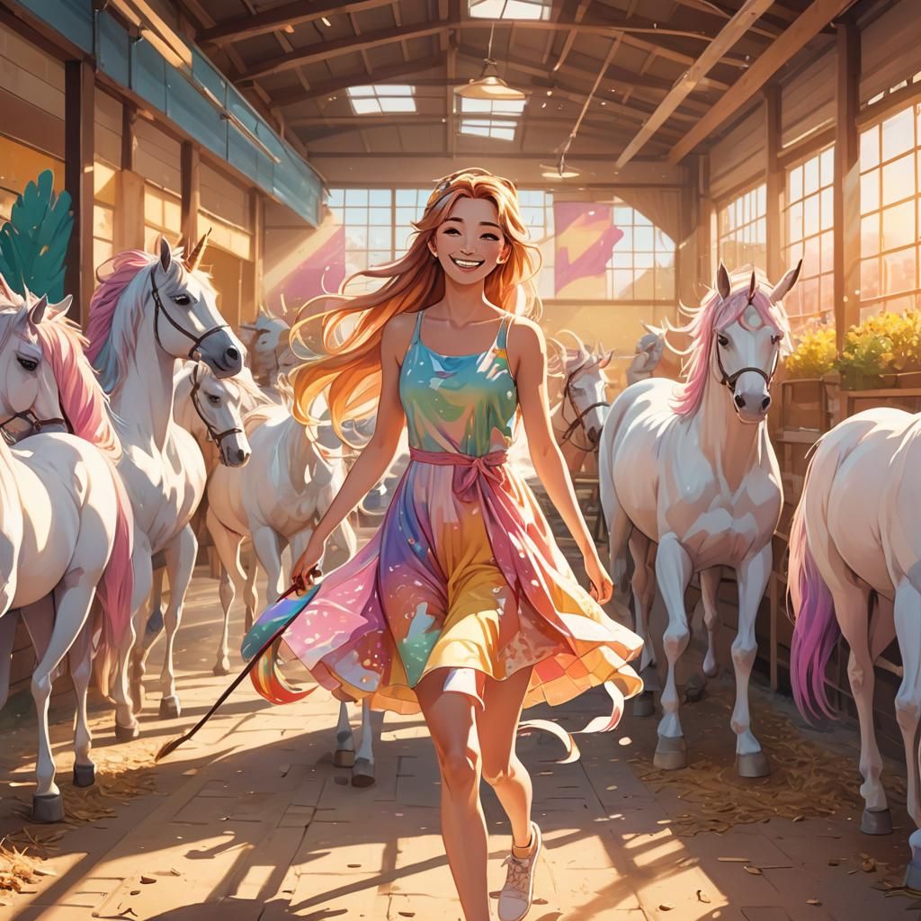 Anime Woman Sweeping Unicorn Stables in Studio Trigger Style