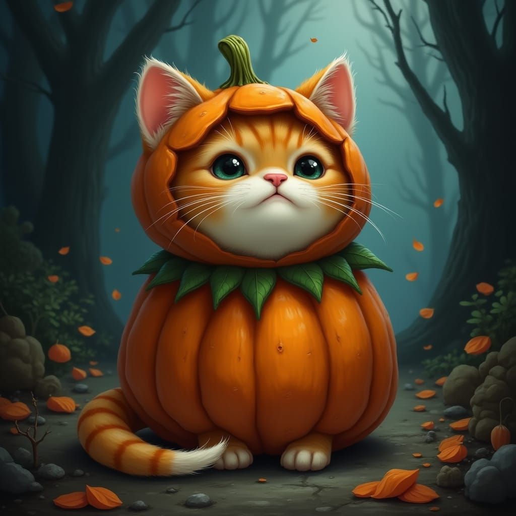 Munchkin Cat in Pumpkin Costume, Gothic Noir Style