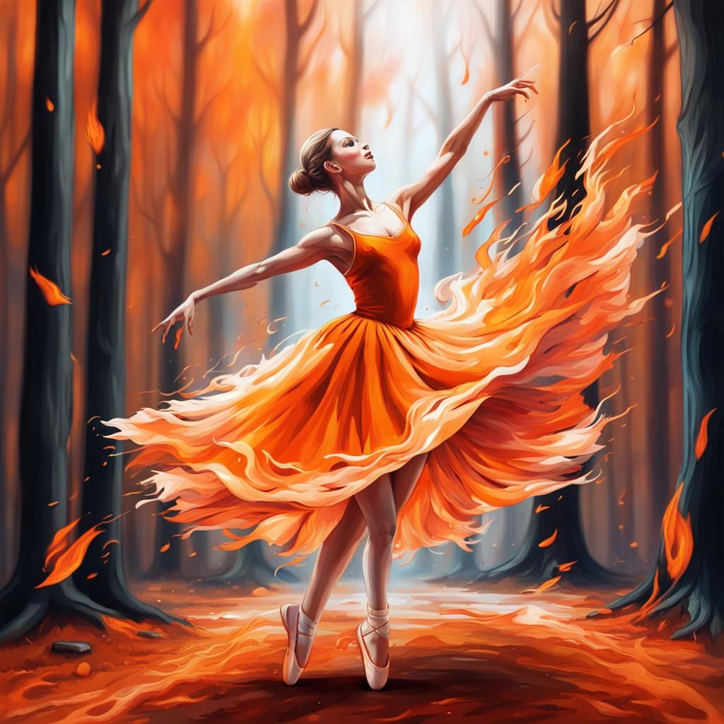 Ballerina Dances in Fiery Autumn Forest: Graffiti Art