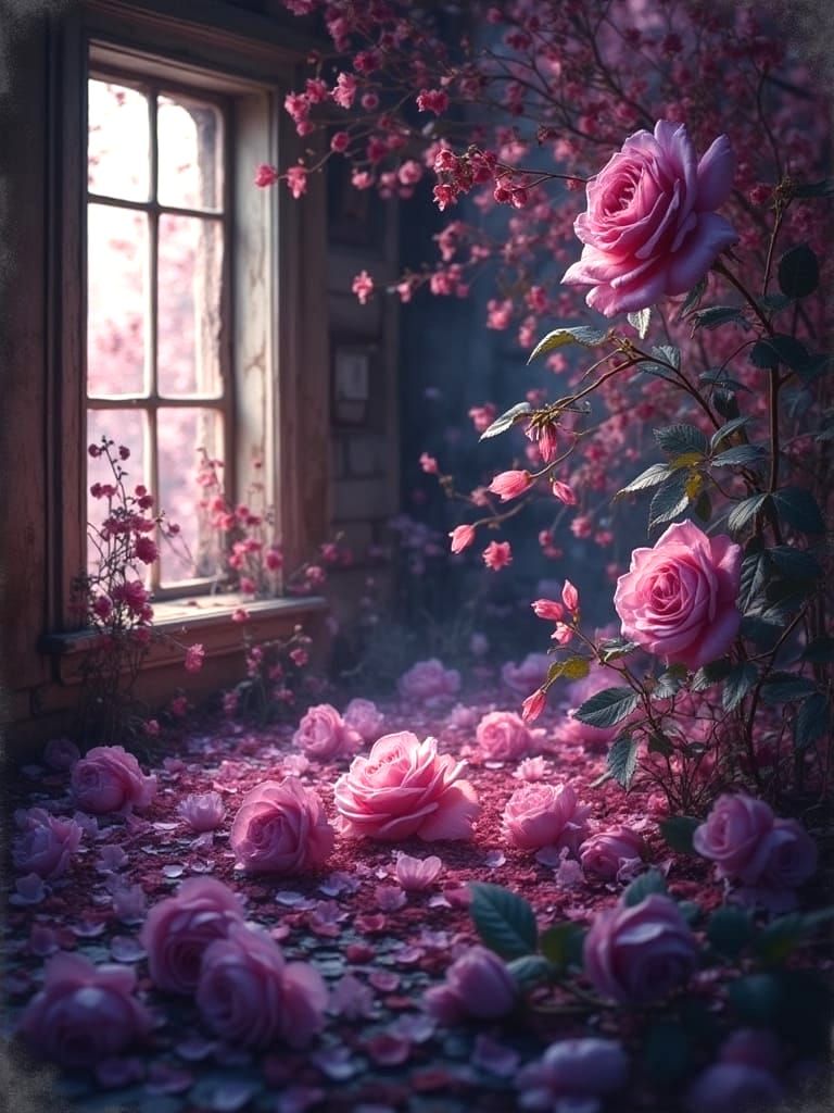Ethereal Velvet Roses in a Whimsical, Dreamlike Atmosphere