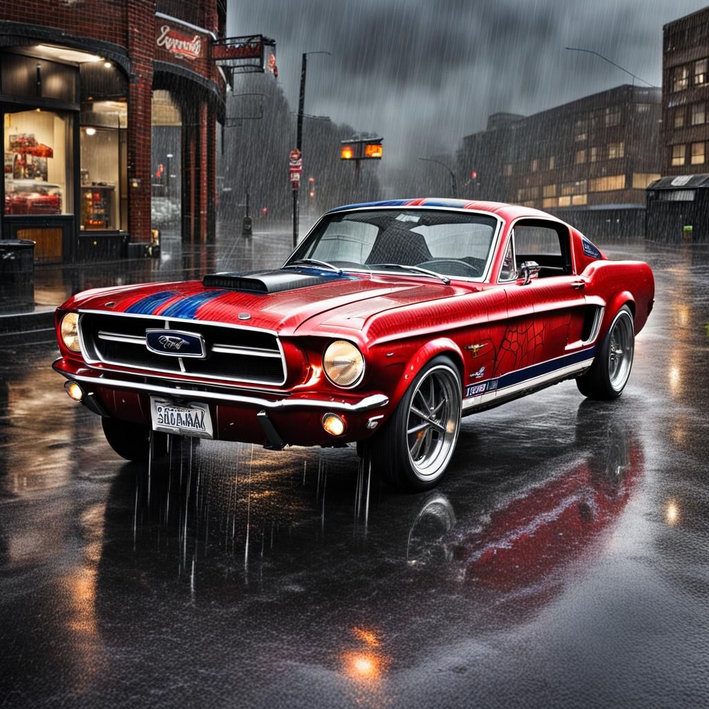 Spider-Man Mustang in Rainy, Hyperrealistic HDR