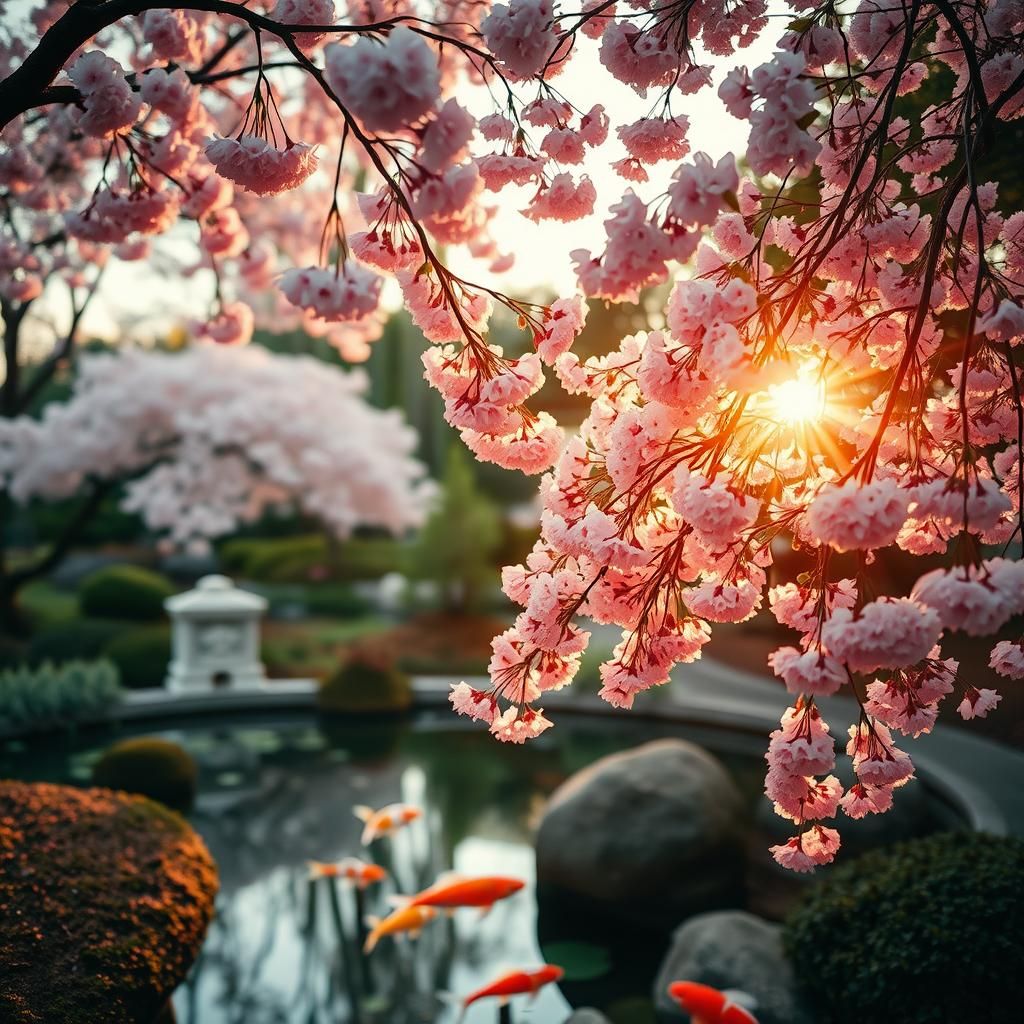 Japanese Garden in Cherry Blossom Season, Cinematic Style