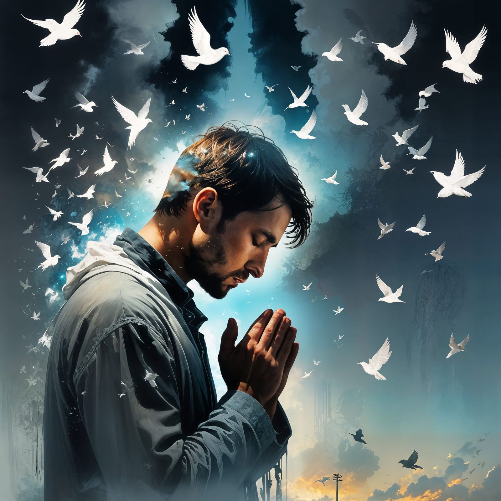 Praying Man Silhouette with Doves, Digital Art