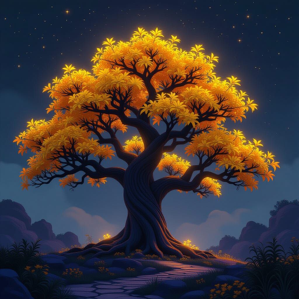 Majestic Sapphire Tree in Dark Fantasy Style