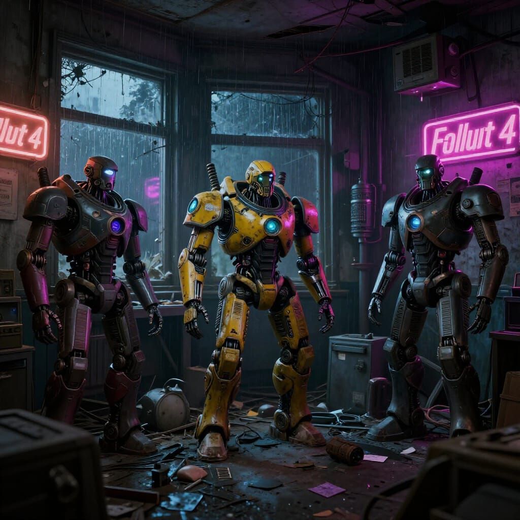 Fallout 4 Robots in Cyberpunk Style Room