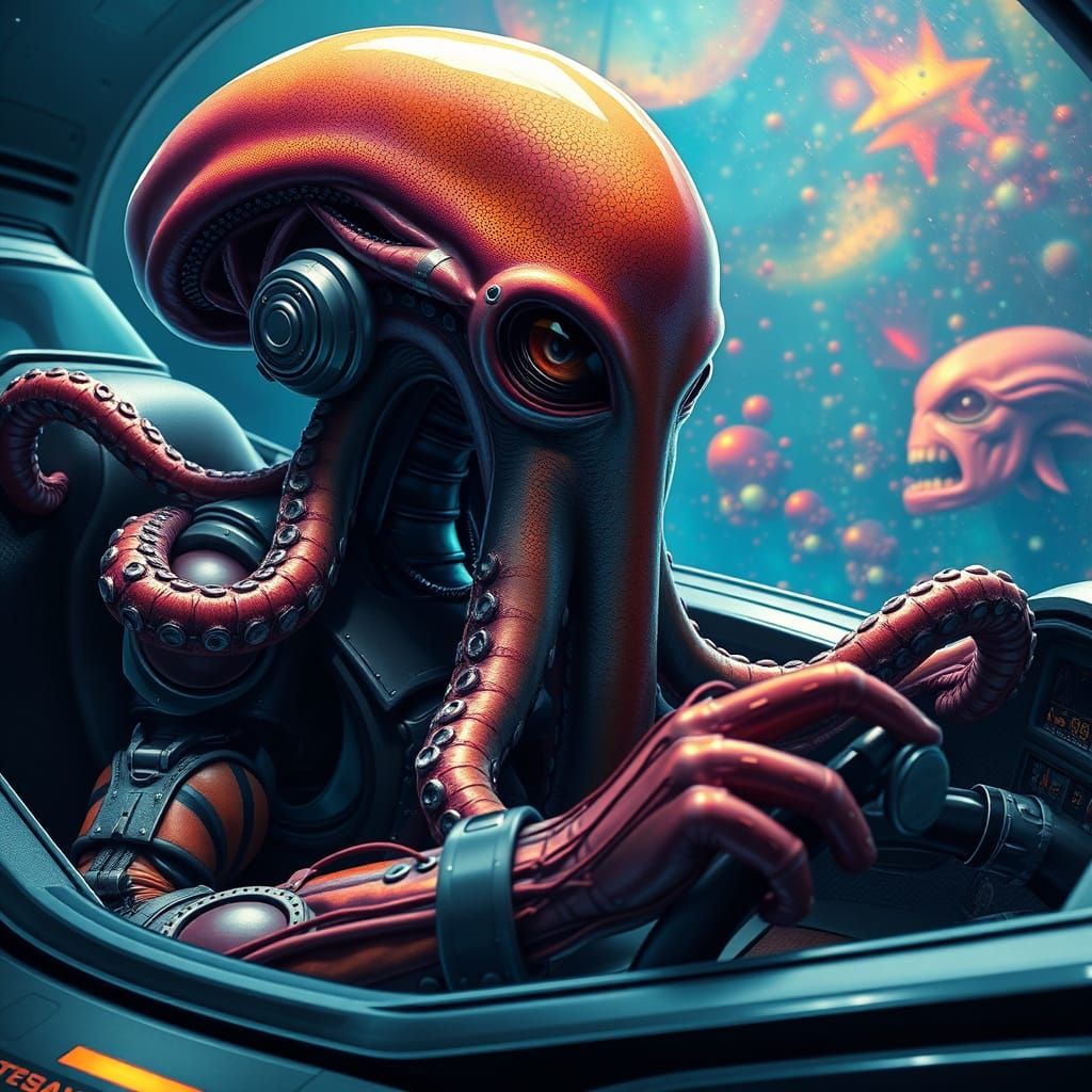 Biomechanical Alien Octopus Piloting Spacecraft