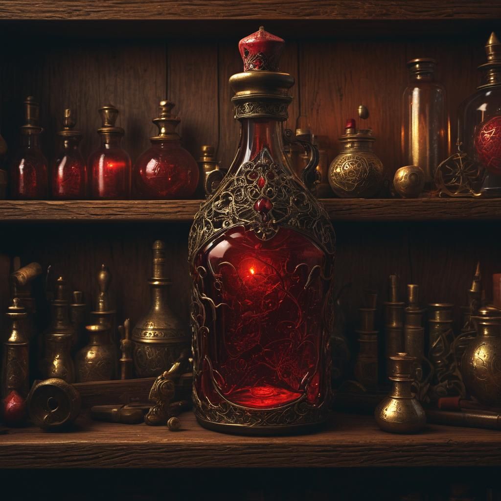 Alchemist Bottle with Red Potion in Dark Fantasy Style