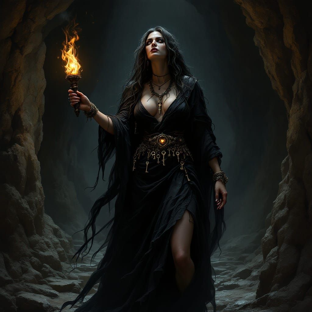 Hecate Illuminates the Underworld in Dark Mystical Cave