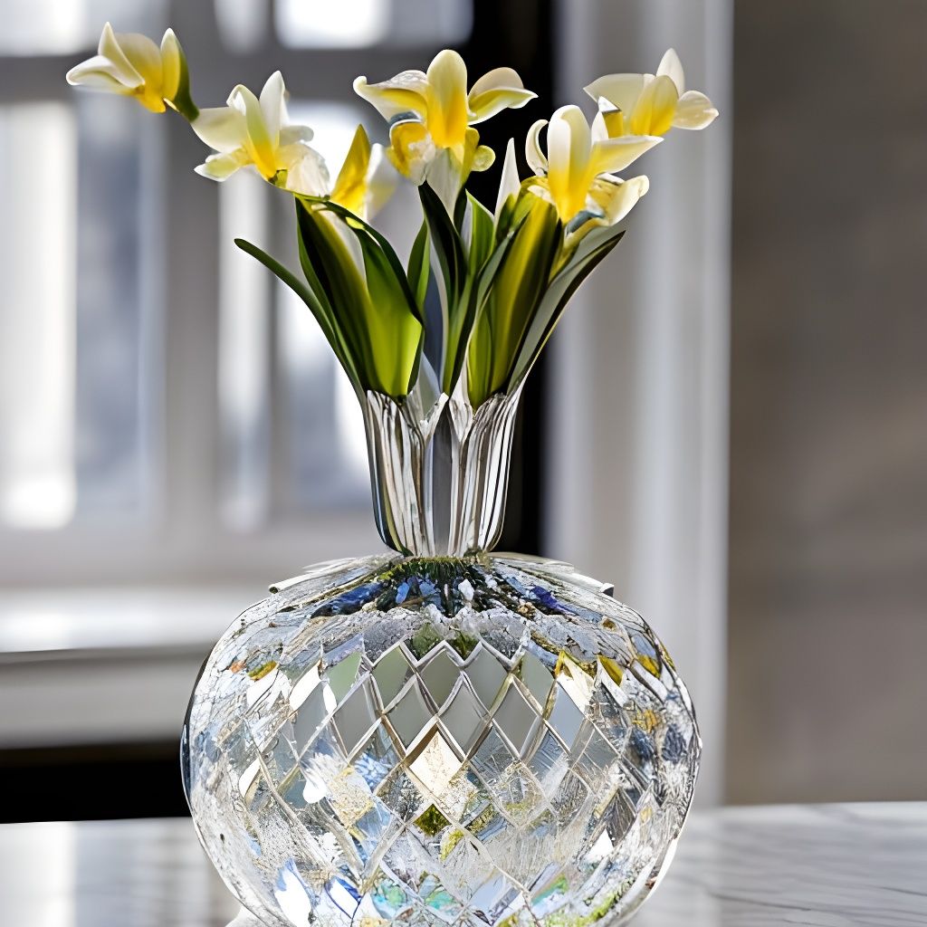Irises in Crystal Vase with Refracted Light