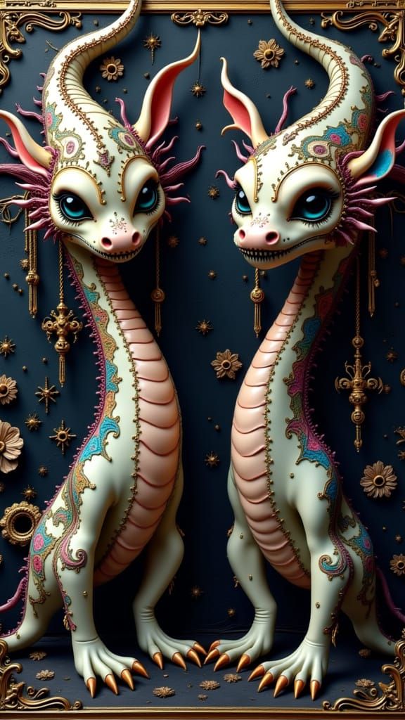 Macrame Dragon and Monster Duo in Gothic Setting