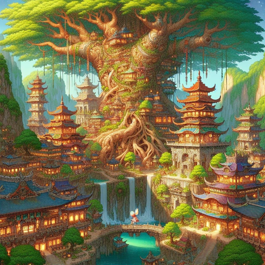 Fantasy City in World Tree Architecture Style