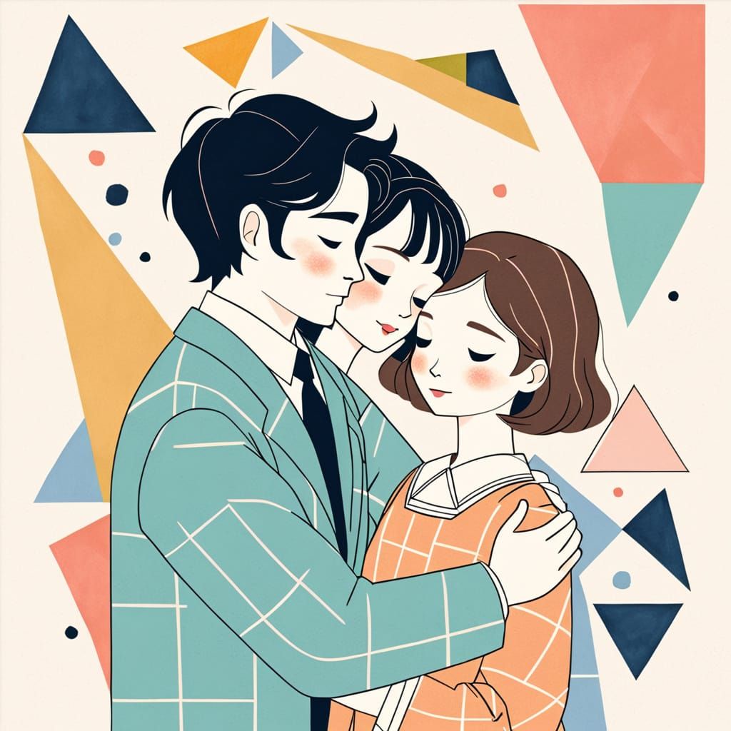Couple in Tender Embrace, Surrounded by Whimsical Geometry