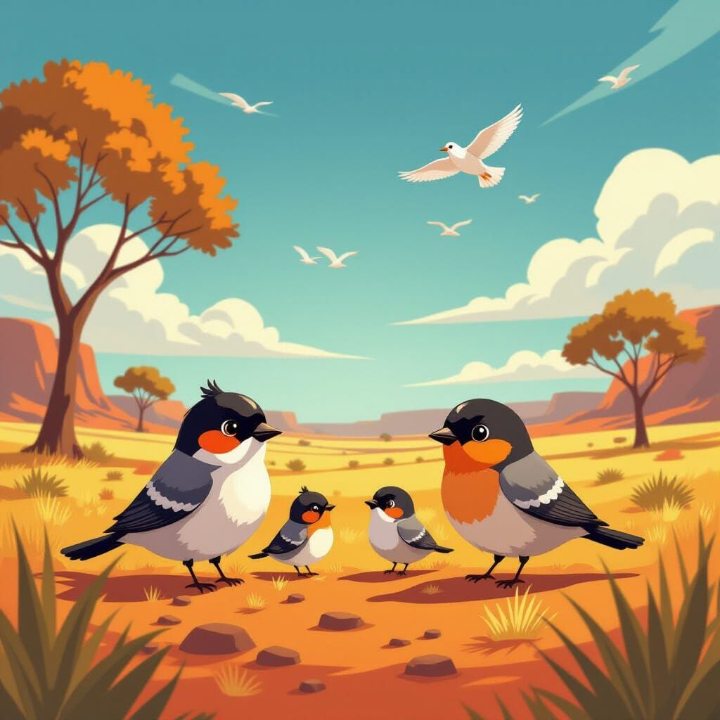 Vibrant Chibi Birds in Australian Outback, Anime Style
