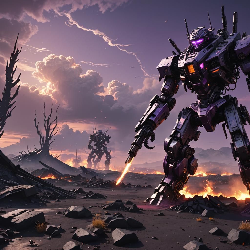 Cyberpunk Mecha Wasteland Burns with Lilac Fire