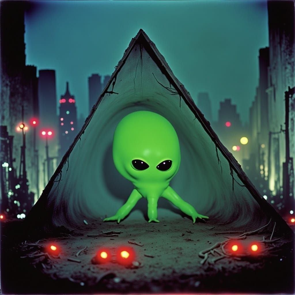 Green Blob in Alien Triangle over Neon Cityscape
