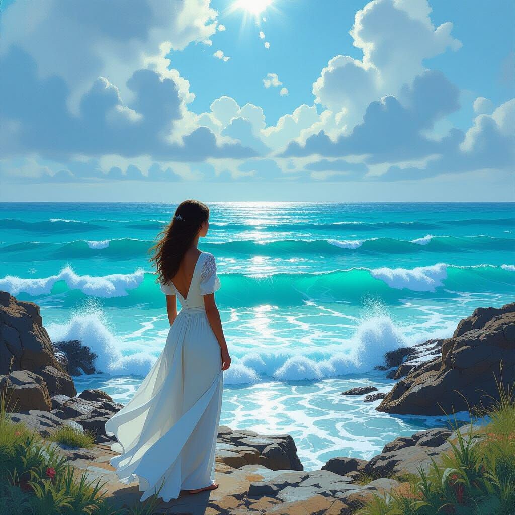 Woman Gazing at Turquoise Ocean in Atmospheric Landscape