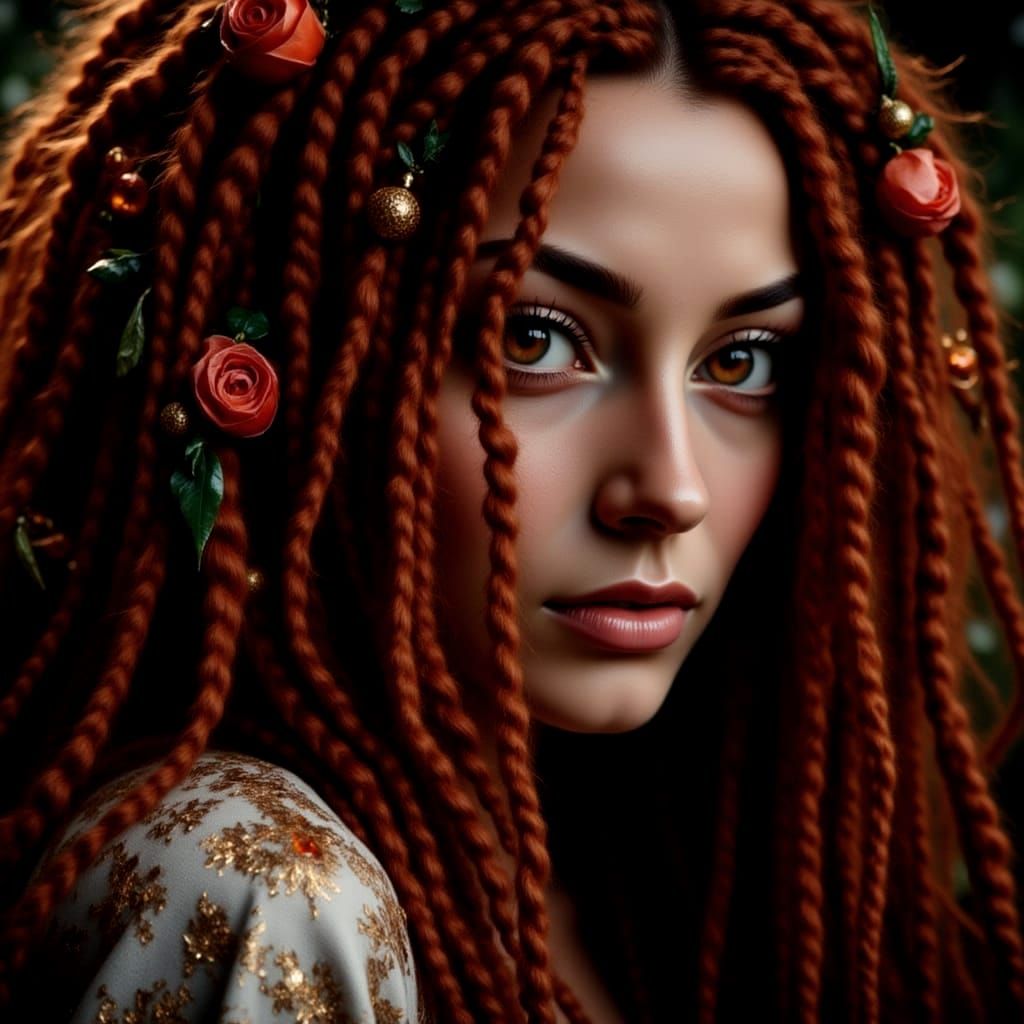 Exotic auburn braids and flahing brown  eyes.